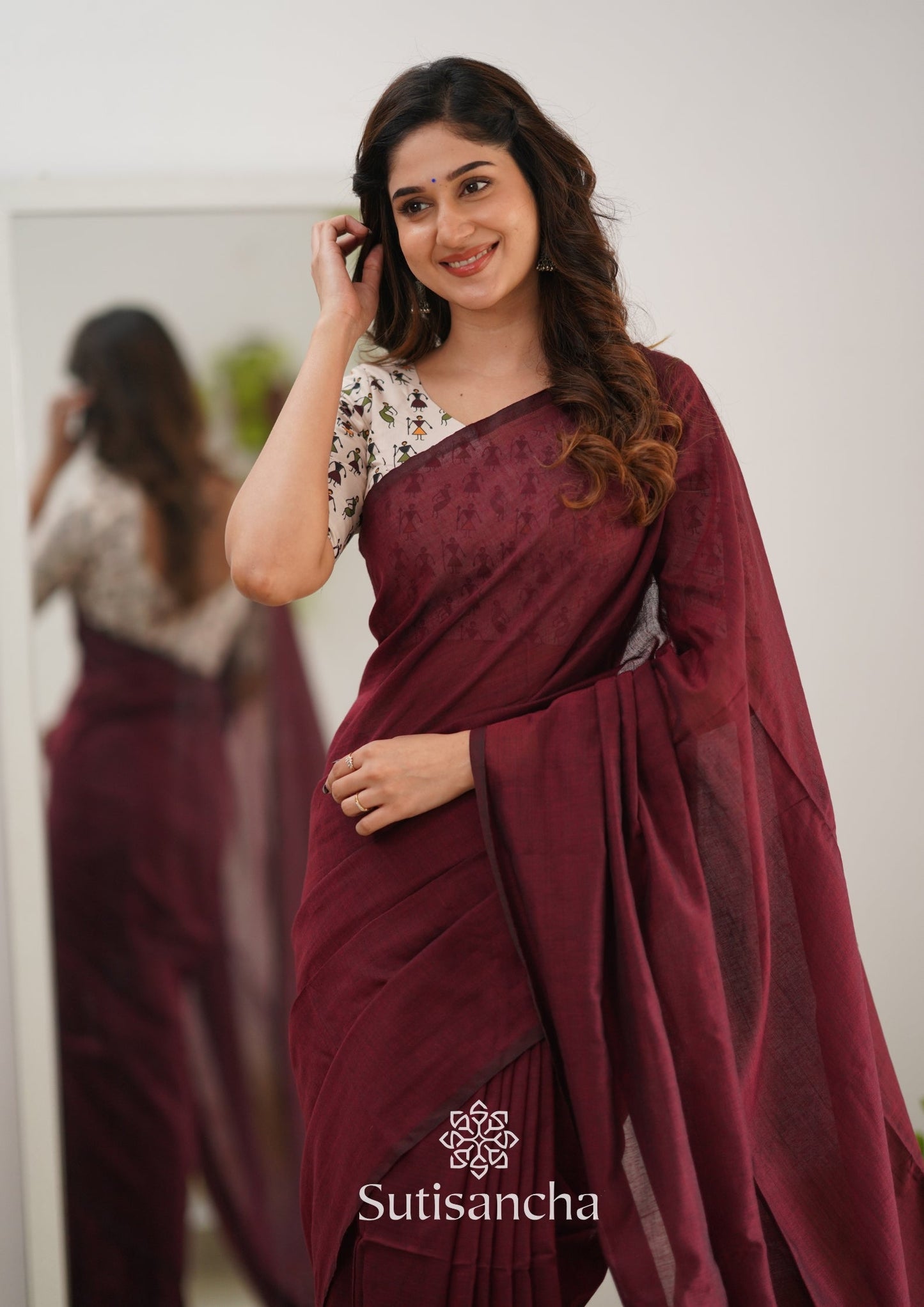 Dhiyona SS Sutisancha Maroon Handloom Cotton Saree Saree With Designer Blouse