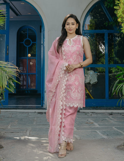 Smrti mul chanderi embroidered pink suit set