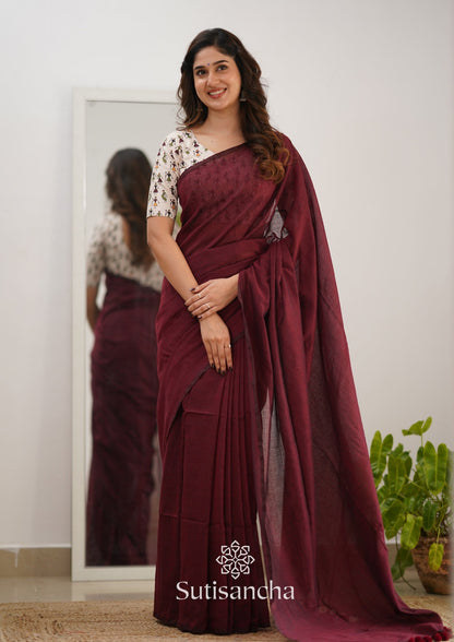 Dhiyona SS Sutisancha Maroon Handloom Cotton Saree Saree With Designer Blouse