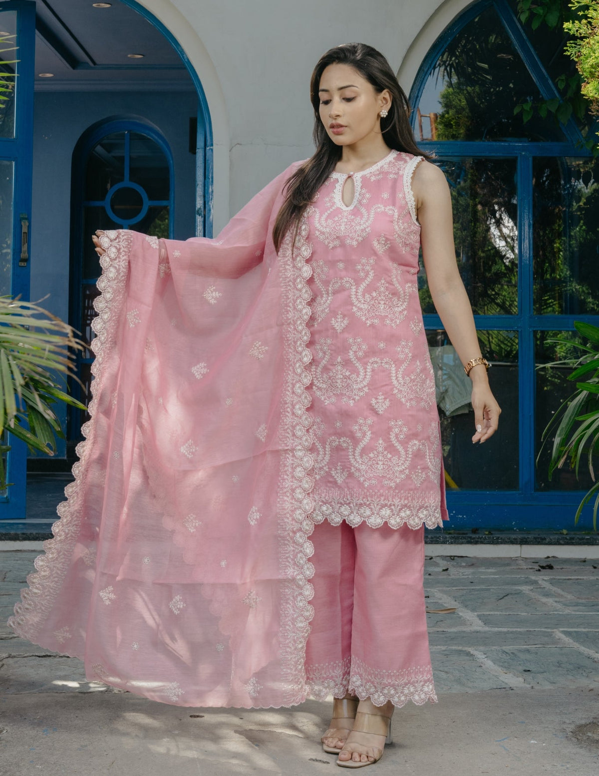 Smrti mul chanderi embroidered pink suit set