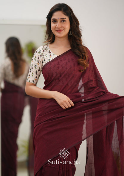 Dhiyona SS Sutisancha Maroon Handloom Cotton Saree Saree With Designer Blouse