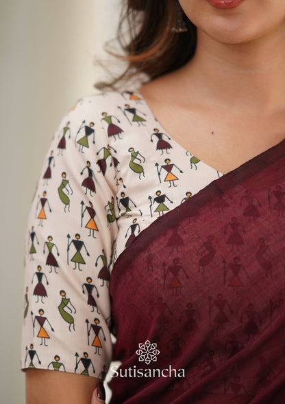 Dhiyona SS Sutisancha Maroon Handloom Cotton Saree Saree With Designer Blouse