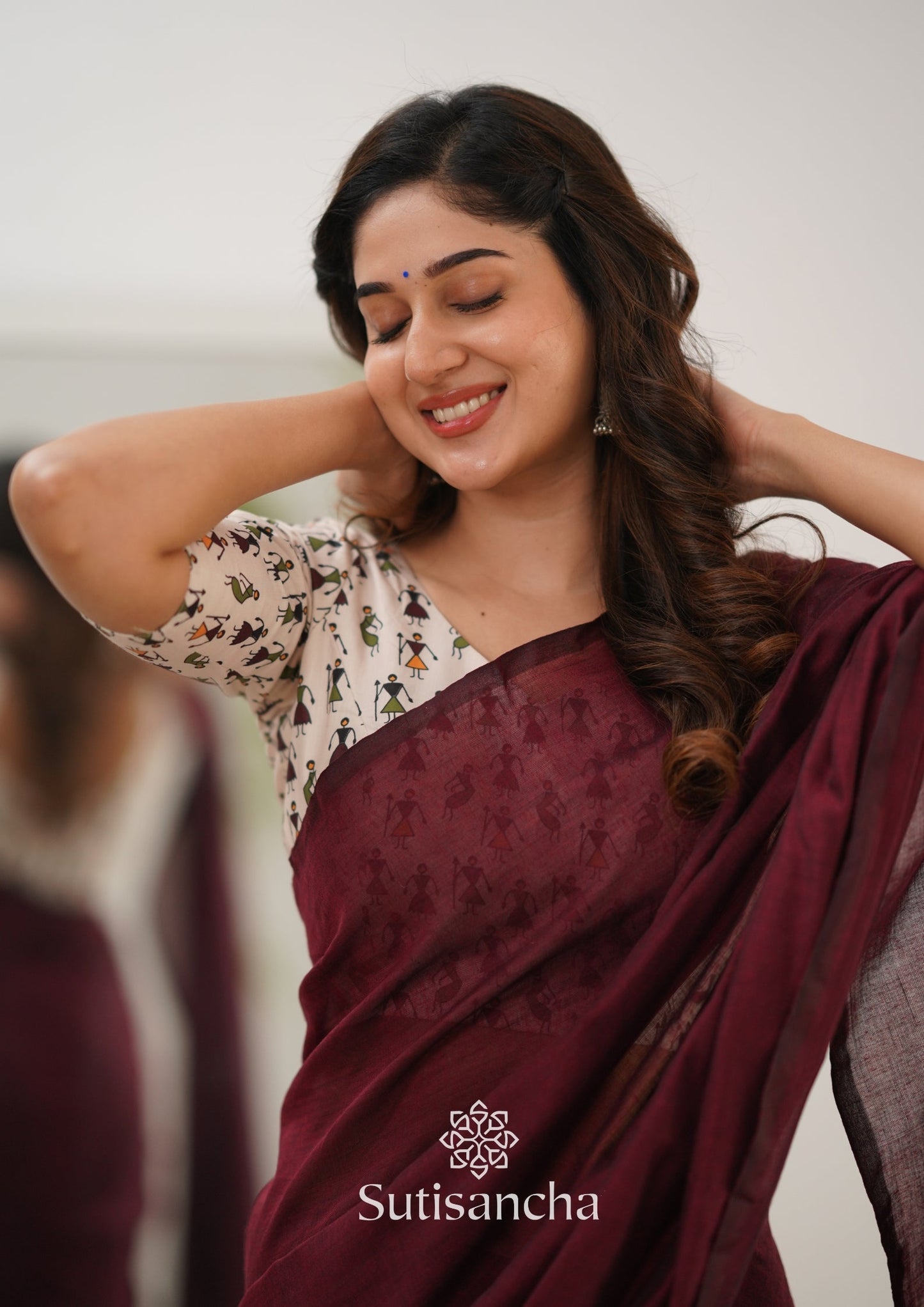 Dhiyona SS Sutisancha Maroon Handloom Cotton Saree Saree With Designer Blouse