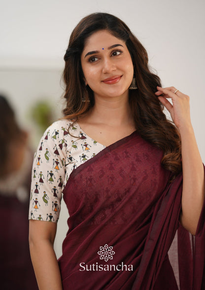 Dhiyona SS Sutisancha Maroon Handloom Cotton Saree Saree With Designer Blouse