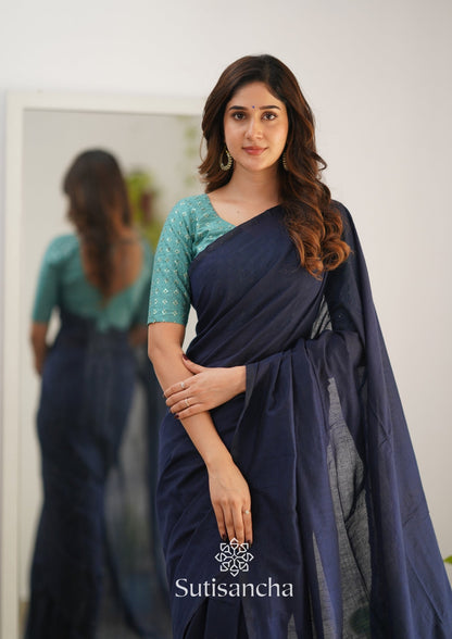 Dhiyona SS Sutisancha Navyblue Handloom Cotton Saree with Designer Blouse