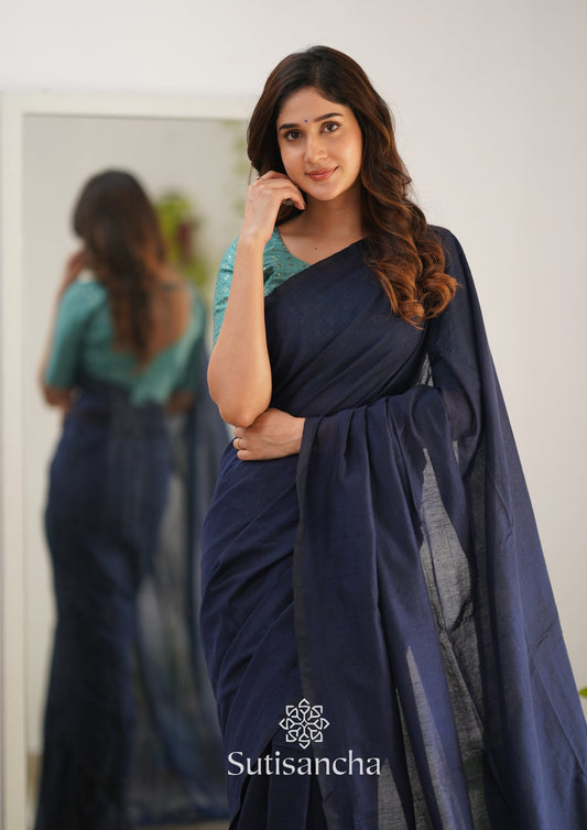 Dhiyona SS Sutisancha Navyblue Handloom Cotton Saree with Designer Blouse