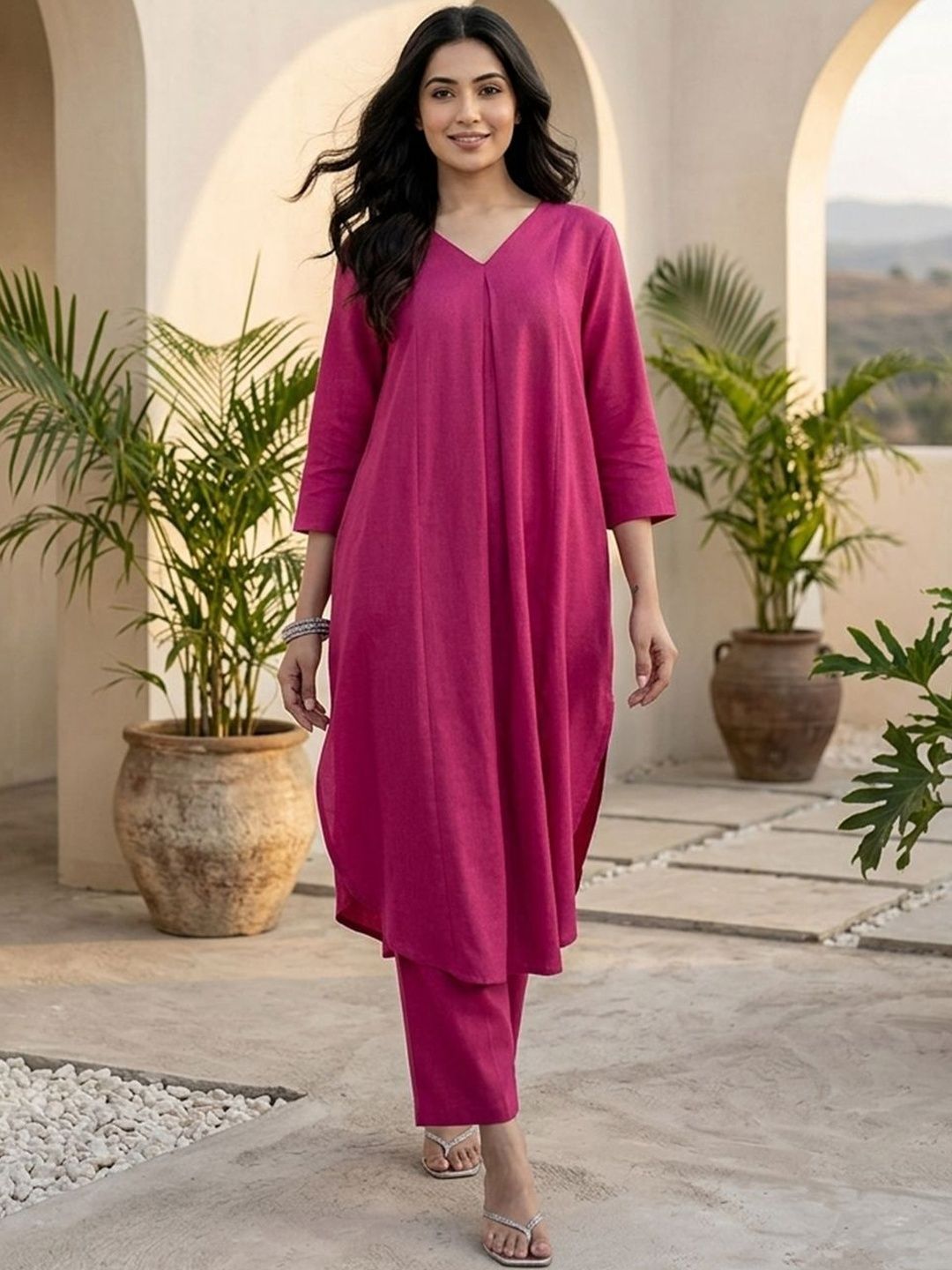 Pink Women Regular Kurta with Trousers
