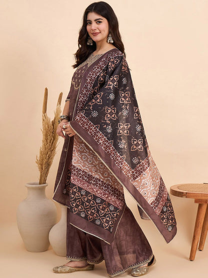 Dhiyona AN Ethnic Motifs Embroidered Sequinned Chanderi Silk Kurta With Sharara & Dupatta