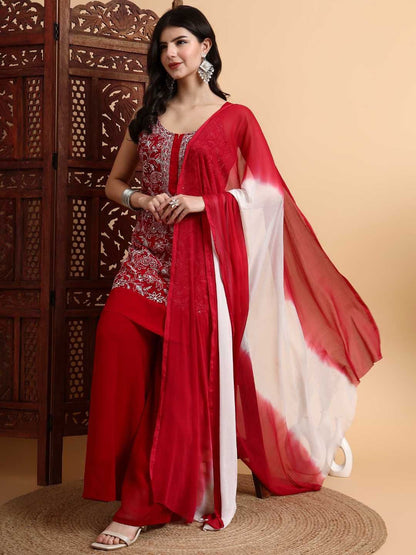 Dhiyona HOP Embroidered Chikankari Georgette Straight Kurti & Sharara With Dupatta