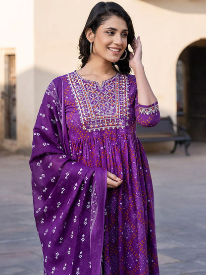 Dhiyona KL Bandhani Printed Thread Work Pure Cotton A-Line Kurta With Trouser & Dupatta