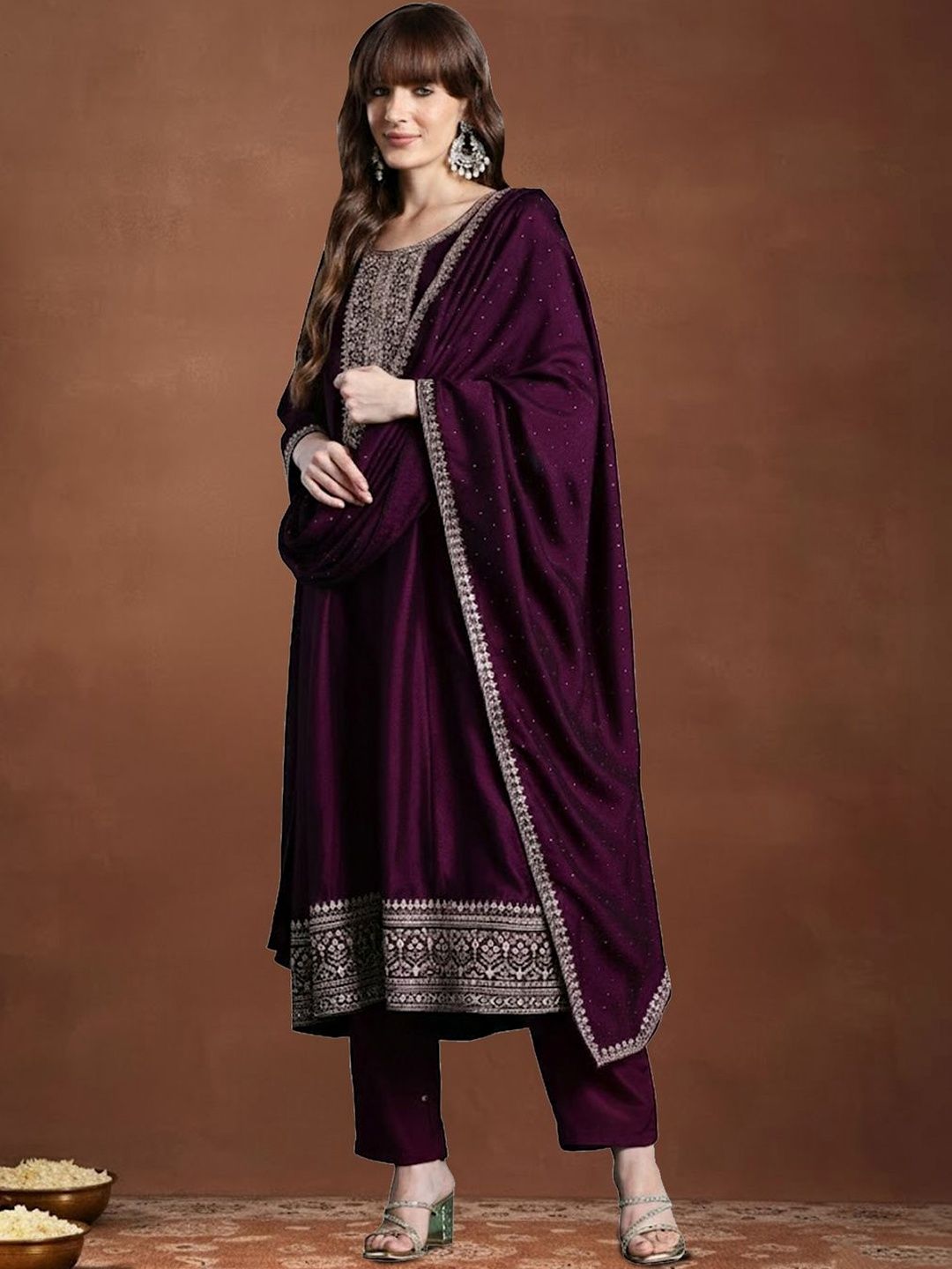 Dhiyona IE Women Ethnic Motifs Embroidered Panelled Thread Work Kurta with Trousers & With Dupatta