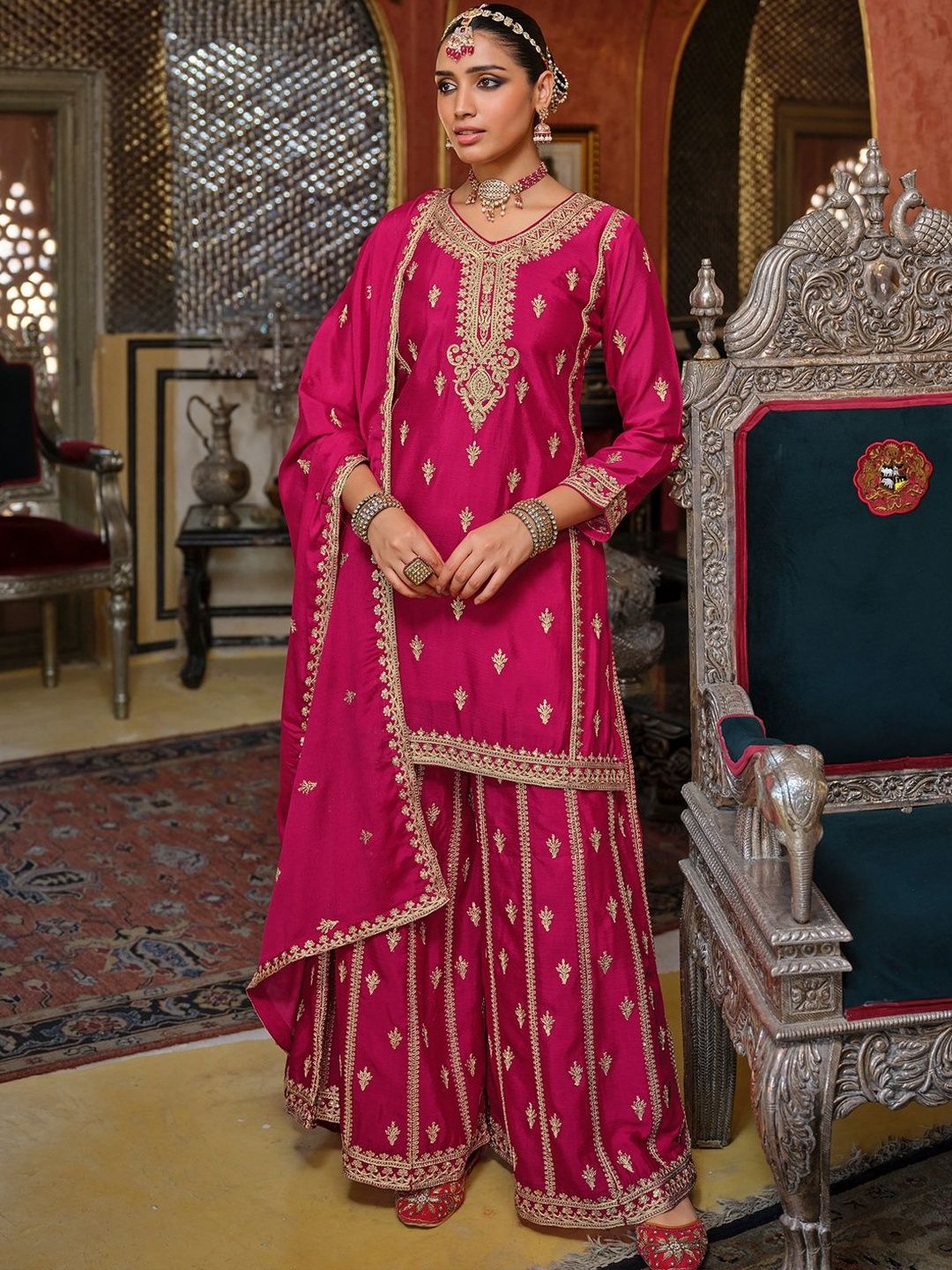 Dhiyona IE Women Ethnic Motifs Embroidered Regular Kurta with Sharara & With Dupatta