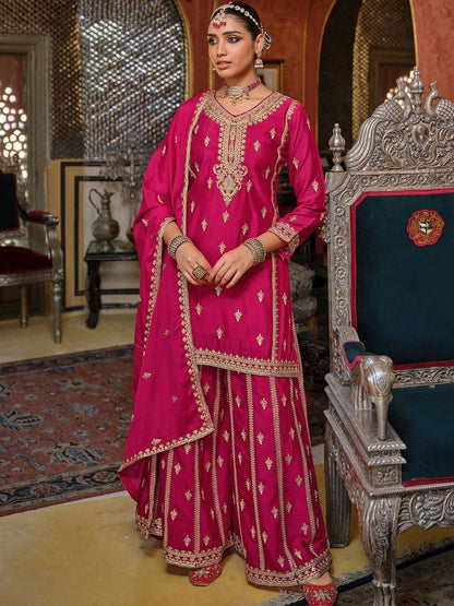Dhiyona IE Women Ethnic Motifs Embroidered Regular Kurta with Sharara & With Dupatta