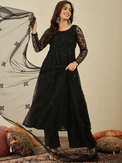 Dhiyona IN Women Ethnic Motifs Embroidered Tiered Sequinned Kurta with Palazzos & With Dupatta
