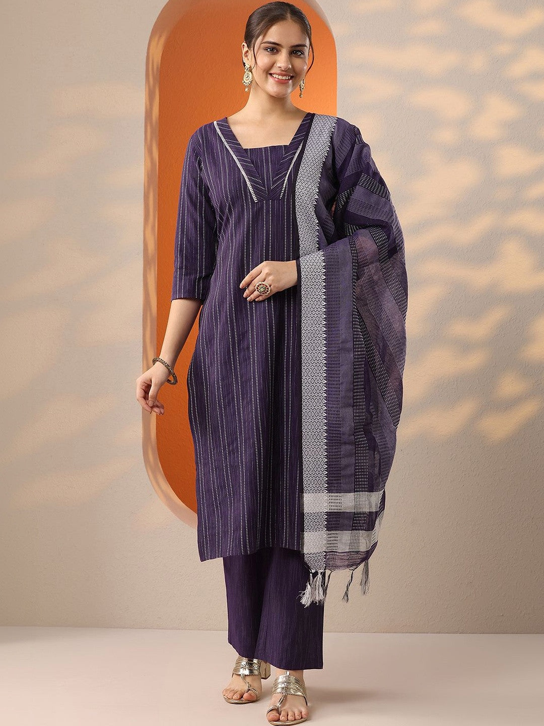 Women Striped Regular Kurta with Trousers & With Dupatta