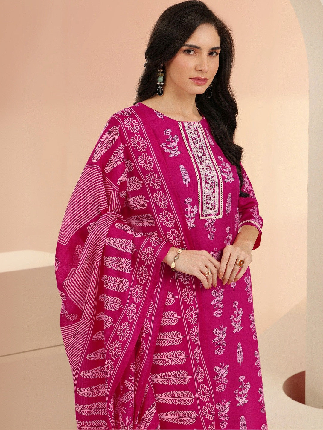 Rani Pink Floral Printed Cotton Blend Straight Suit Set