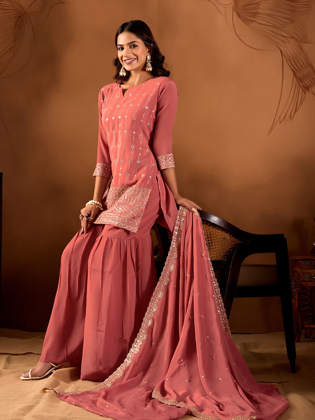 Dhiyona AN Women Ethnic Motifs Embroidered Regular Sequinned Kurta with Sharara & With Dupatta