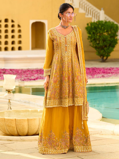 Dhiyona HOP Women Ethnic Motifs Embroidered A-Line Kurta with Sharara & Dupatta