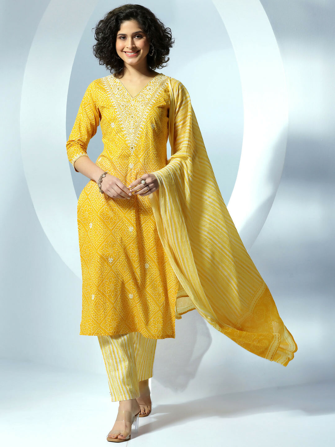 Women's LB Mustard Printed Cotton Straight Suit With Dupatta