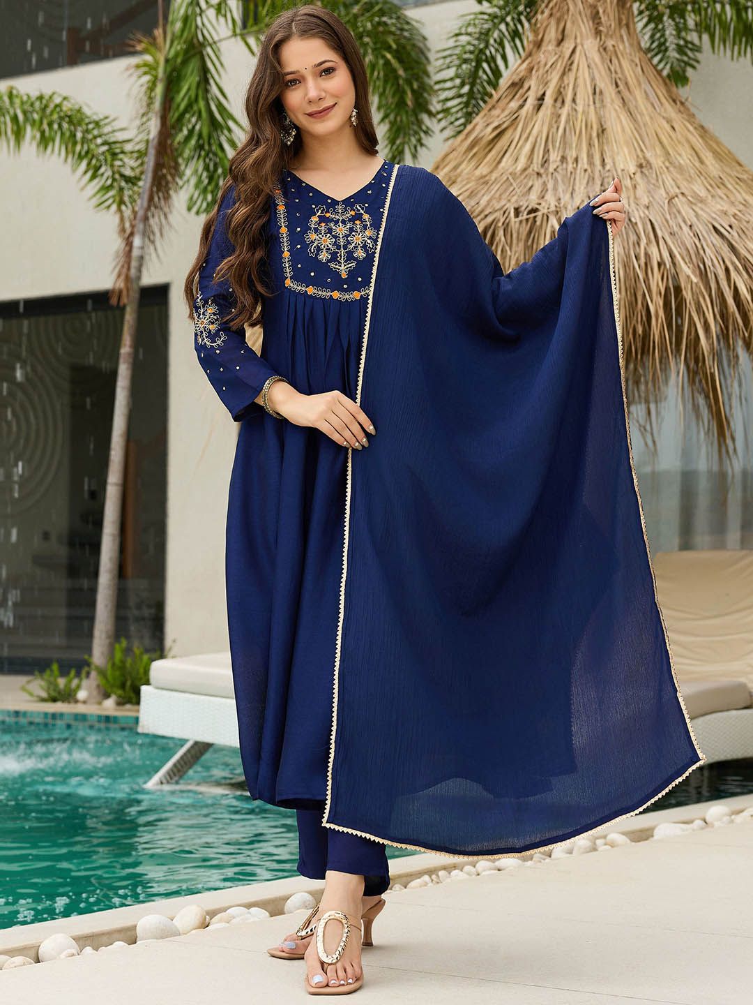Dhiyona KL Women Woven Design Embroidered A-Line Kurta with Trousers & Dupatta