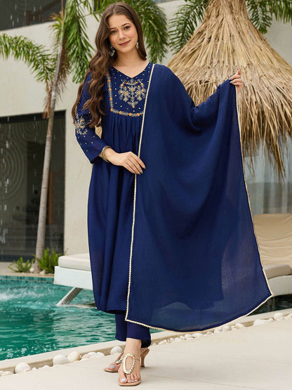 Dhiyona KL Women Woven Design Embroidered A-Line Kurta with Trousers & Dupatta