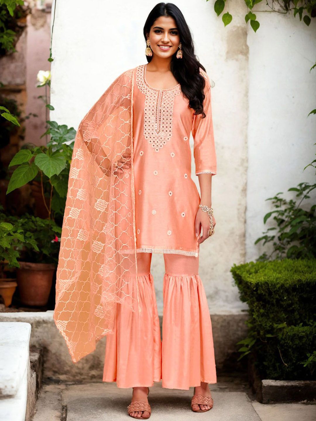 Dhiyona AN Women Embroidered Regular Thread Work Chanderi Cotton Kurta with Sharara & With Dupatta