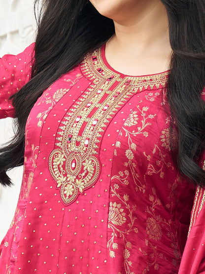 Dhiyona CH Ethnic Motifs Embroidered Round Neck Anarkali Kurta With Trousers & Dupatta