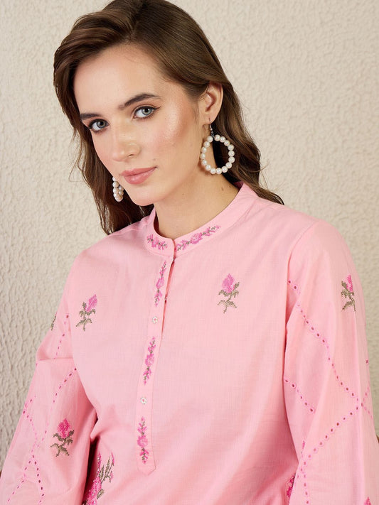 Dhiyona IE Embroidered Cotton Mandarin Collar Neck Top With Trousers Co-Ords