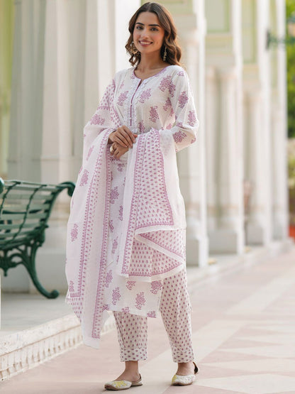 Dhiyona RR Women's Floral Printed Cotton Kurta with Trousers & Dupatta