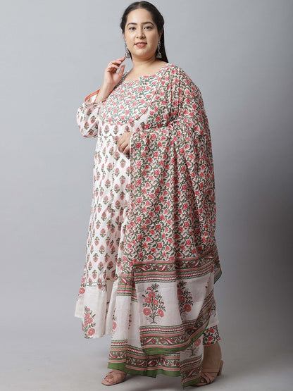 Dhiyona KL Floral Printed Pure Cotton Anarkali Kurta With Trousers & Dupatta