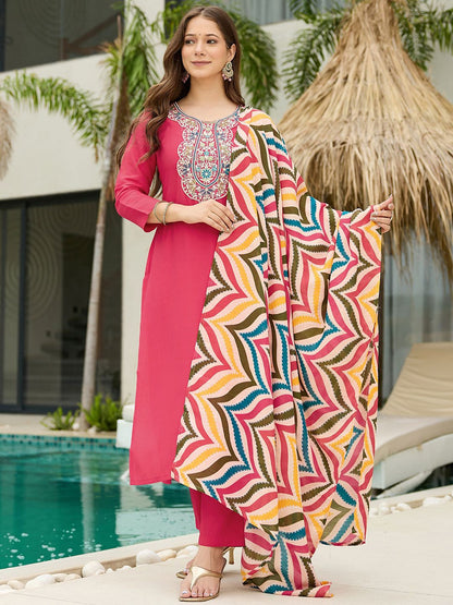Dhiyona KL Women Solid Embroidered Kurta with Trousers & Dupatta