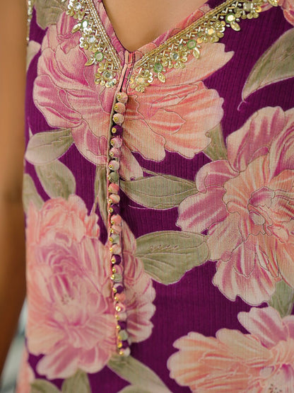 Dhiyona HOP Floral Printed Beads & Stones Milano Chiffon Kurta With Sharara & Dupatta