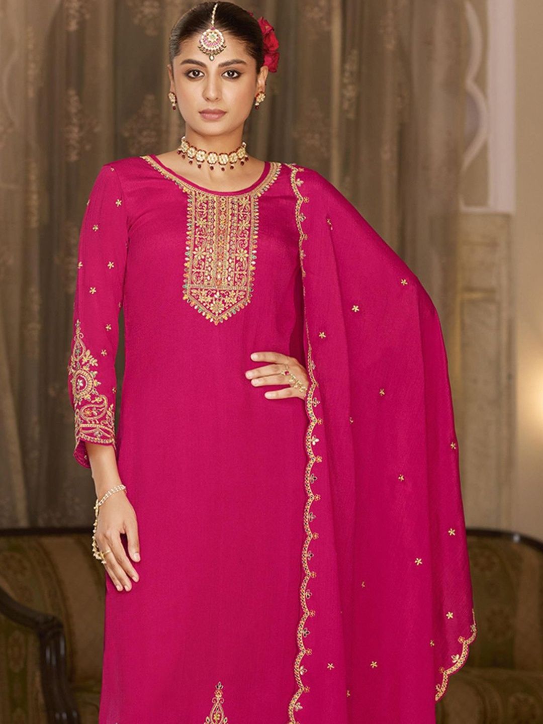 Dhiyona CH Women Ethnic Motifs Embroidered Regular Kurta with Palazzos & With Dupatta