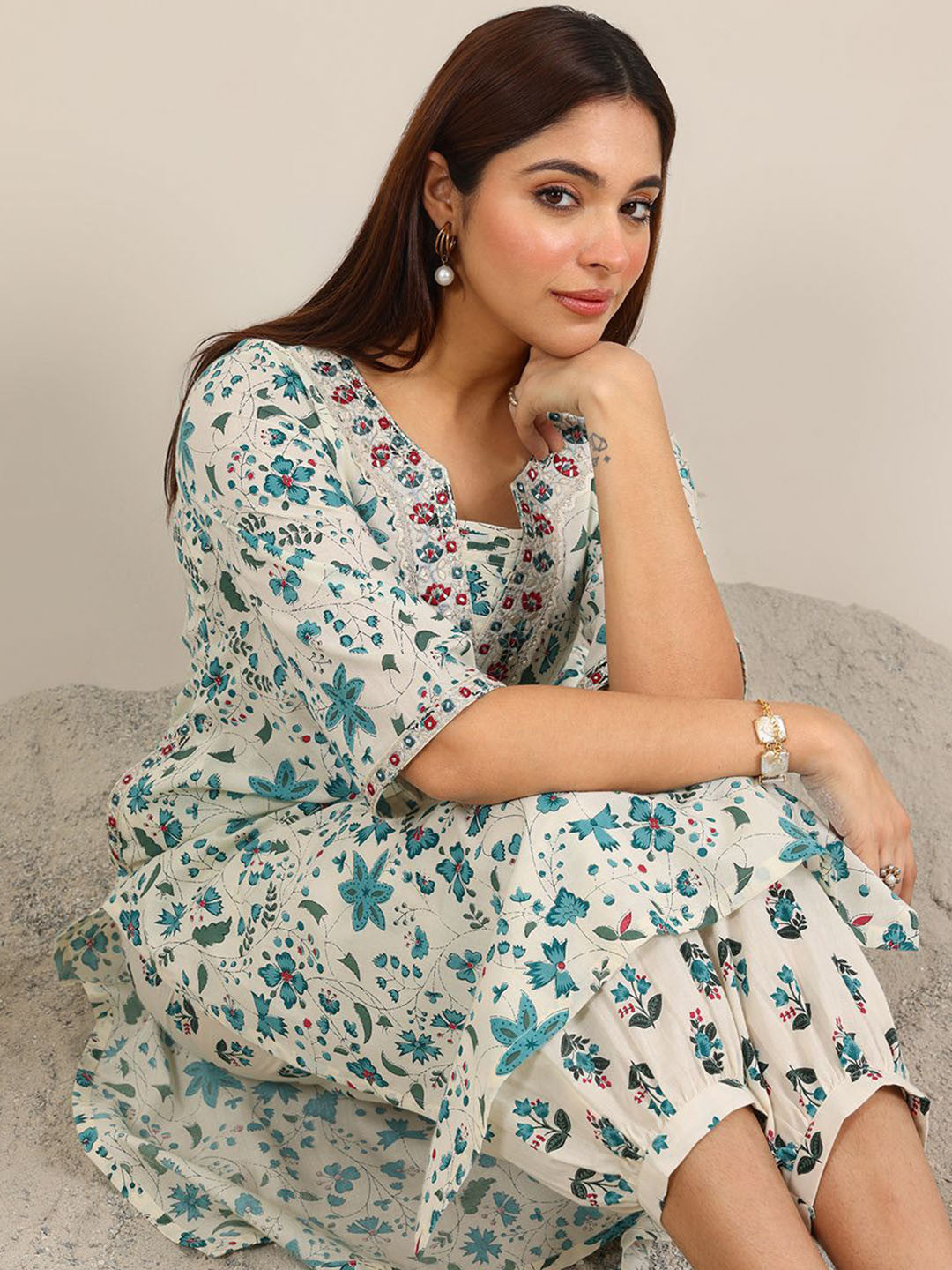 Floral Printed Regular Mirror Work Kurta With Salwar