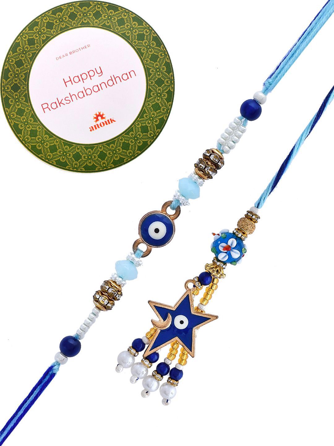 Dhiyona Beaded Evil Eye Bhaiya Bhabhi Rakhi With Roli Chawal & Greeting Card