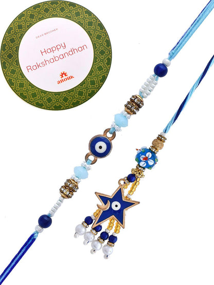 Dhiyona Beaded Evil Eye Bhaiya Bhabhi Rakhi With Roli Chawal & Greeting Card