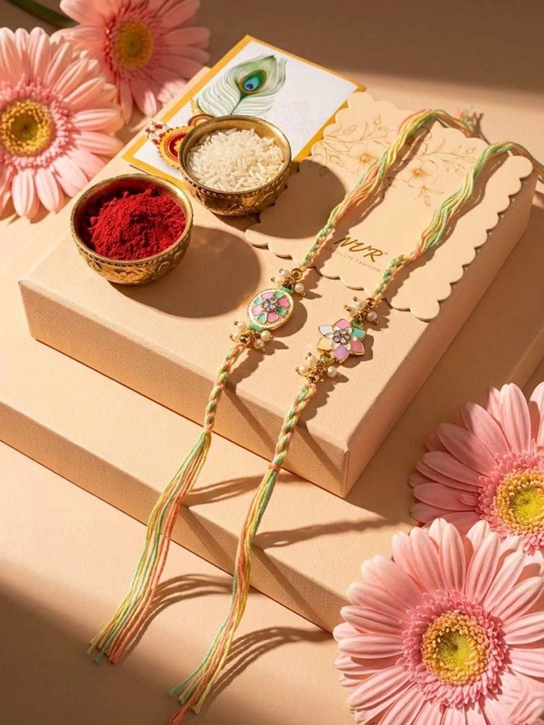 Dhiyona Set Of 2 Meenakari Floral Thread Rakhi With Roli Chawal Chandan Mishri