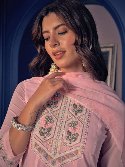 Dhiyona CH Women Embroidered Kurta Set with Printed Dupatta