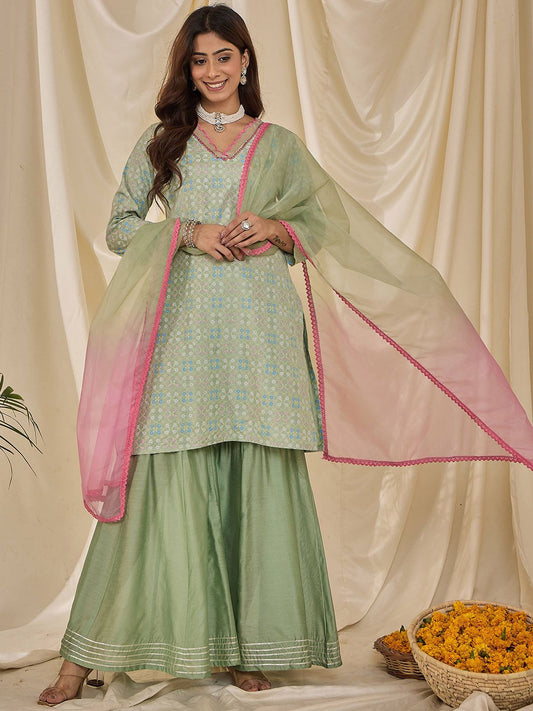 Dhiyona HOP Floral Printed V-Neck Straight Kurta & Sharara With Dupatta