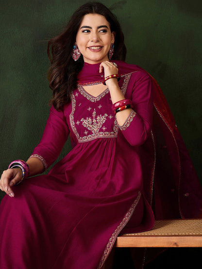 Floral Embroidered Zari A Line Kurta With Trousers