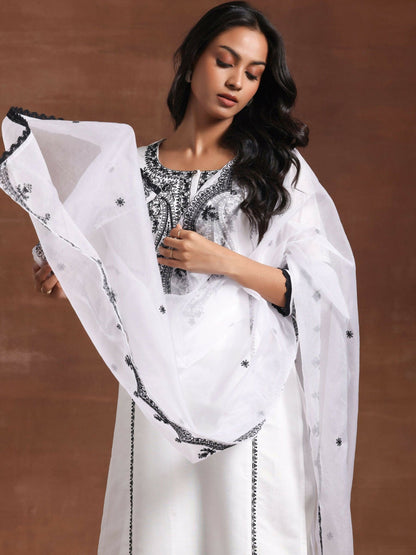 Women's LB White Embroidered Silk Blend Straight Suit With Dupatta