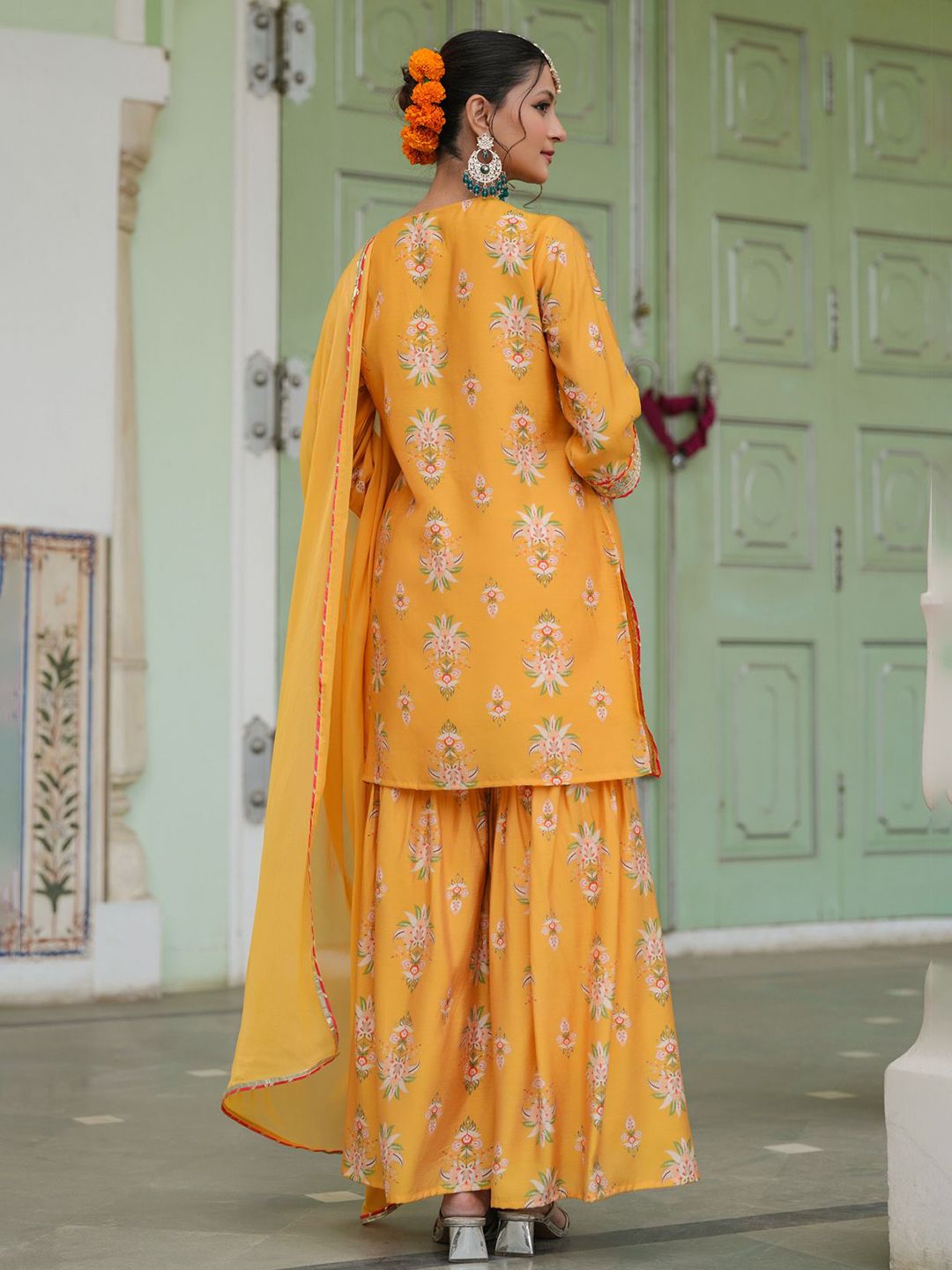 Dhiyona SC Women Mustard Chanderi Silk Floral Printed Sharara Set