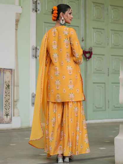 Dhiyona SC Women Mustard Chanderi Silk Floral Printed Sharara Set