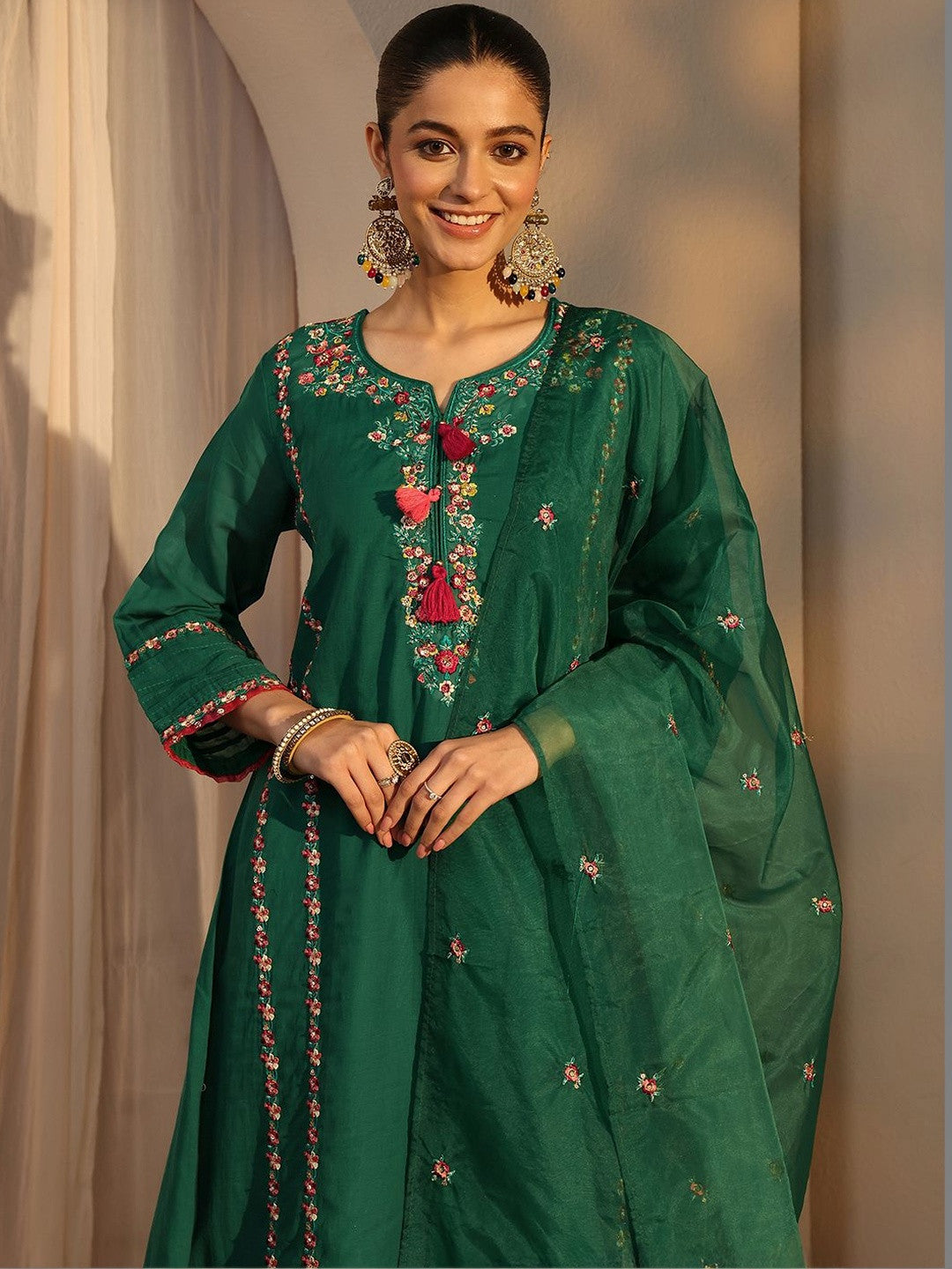 Women Ethnic Motifs Embroidered Regular Chanderi Cotton Kurta with Trousers & With Dupatta