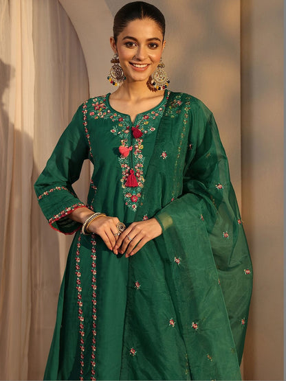 Women Ethnic Motifs Embroidered Regular Chanderi Cotton Kurta with Trousers & With Dupatta