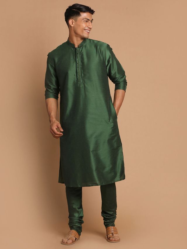 Men's Bottle Green Cotton Blend Straight Kurta Pyjama Set
