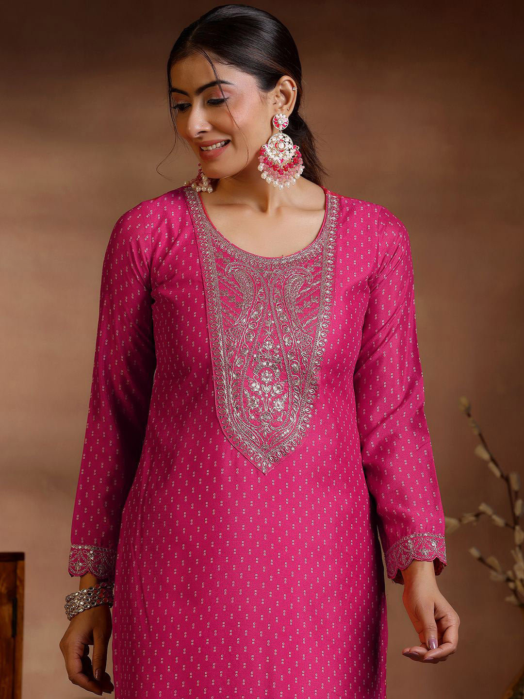 Bandhani Printed Sequinned Kurta with Trousers & Dupatta