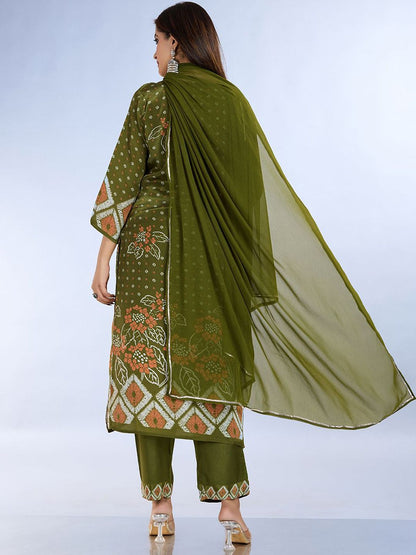 Dhiyona IS Women's Floral Printed Beads And Stones Straight Kurta With Trousers And Dupatta