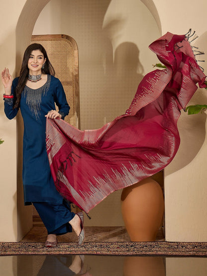 Women Winter Pashmina Woven Design Yoke Design Kurta With Palazzos & Dupatta