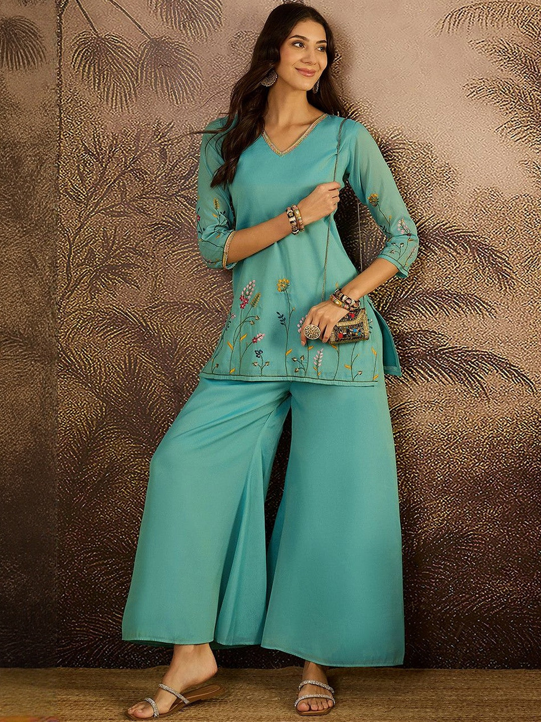 Floral Embroidered V-Neck Thread Work Georgette Kurti With Palazzo